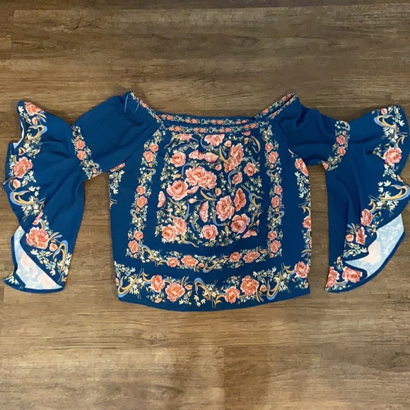 Blue Rain Tops - Floral off shoulder top with Flowy sleeves